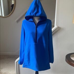 Land End Bright Royal Blue Fleece Half-Zip Hoodie Pullover Kangaroo Pockets Med